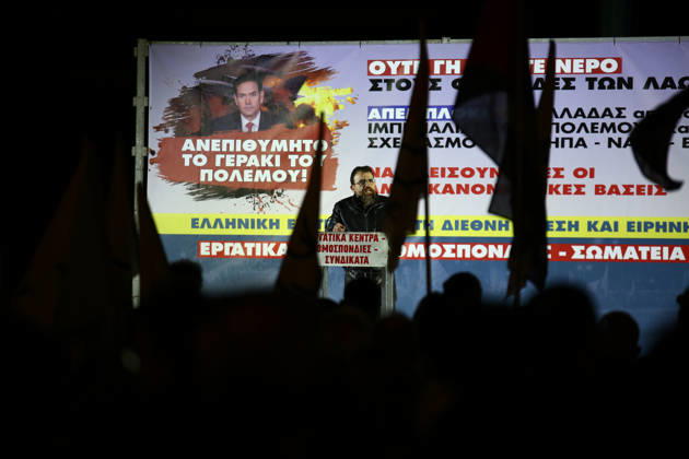 October 6, 2026, Athens, Attica, GREECE: A speaker addresses demonstrators from a stage during an anti-war protest opposing the visit of US Secretary of State MARCO RUBIO. Athens GREECE - ZUMAx103 20261006_zip_x103_010 Copyright: xHarrisxXanthopoulosx