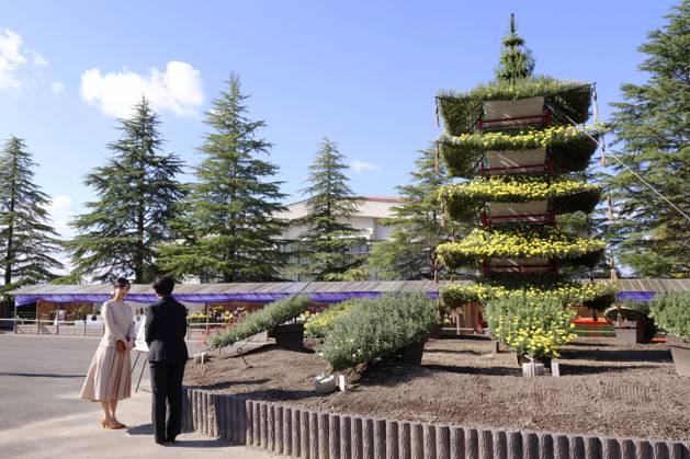 Princess Kako in Kyoto Pref. Japanese Princess Kako (L) visits a chrysanthemum exhibition in Kyotamba in Kyoto Prefecture, western Japan, on Oct. 6, 2026. (Pool photo) A14AA0005630344P