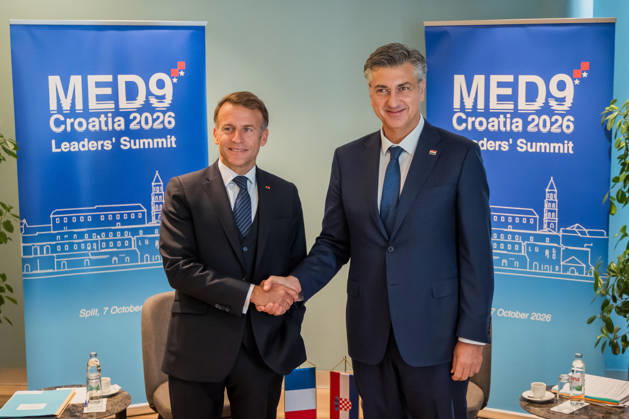 EU MED9 Bilateral meet Plenkovic - Macron Croatian Prime Minister Andrej Plenkovic meets French President Emmanuel Macron during bilateral meetings on the sidelines of the EU MED9 summit in Split, Croatia on October 7, 2027. ZvonimirxBarisin PIXSELL