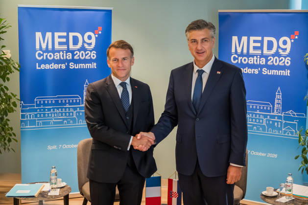 EU MED9 Bilateral meet Plenkovic - Macron Croatian Prime Minister Andrej Plenkovic meets French President Emmanuel Macron during bilateral meetings on the sidelines of the EU MED9 summit in Split, Croatia on October 7, 2027. ZvonimirxBarisin PIXSELL