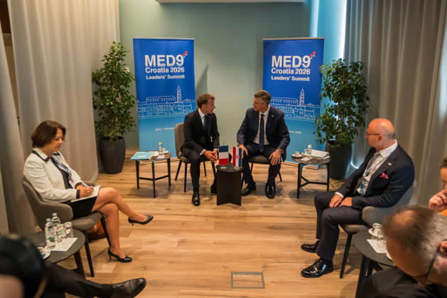 EU MED9 Bilateral meet Plenkovic - Macron Croatian Prime Minister Andrej Plenkovic meets French President Emmanuel Macron during bilateral meetings on the sidelines of the EU MED9 summit in Split, Croatia on October 7, 2027. ZvonimirxBarisin PIXSELL