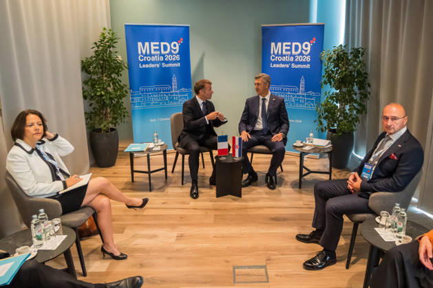 EU MED9 Bilateral meet Plenkovic - Macron Croatian Prime Minister Andrej Plenkovic meets French President Emmanuel Macron during bilateral meetings on the sidelines of the EU MED9 summit in Split, Croatia on October 7, 2027. ZvonimirxBarisin PIXSELL