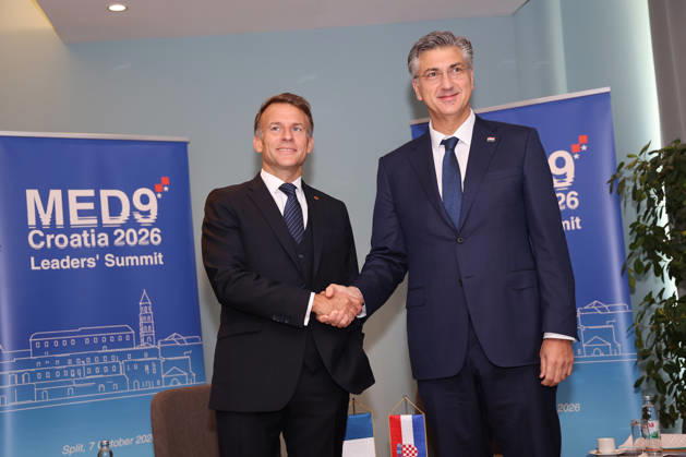 EU MED9 Bilateral meet Plenkovic - Macron Croatian Prime Minister Andrej Plenkovic meets French President Emmanuel Macron during bilateral meetings on the sidelines of the EU MED9 summit in Split, Croatia on October 7, 2027. IvanaxIvanovic PIXSELL