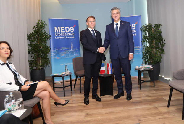EU MED9 Bilateral meet Plenkovic - Macron Croatian Prime Minister Andrej Plenkovic meets French President Emmanuel Macron during bilateral meetings on the sidelines of the EU MED9 summit in Split, Croatia on October 7, 2027. IvanaxIvanovic PIXSELL