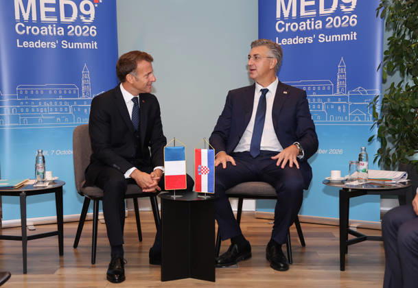 EU MED9 Bilateral meet Plenkovic - Macron Croatian Prime Minister Andrej Plenkovic meets French President Emmanuel Macron during bilateral meetings on the sidelines of the EU MED9 summit in Split, Croatia on October 7, 2027. IvanaxIvanovic PIXSELL