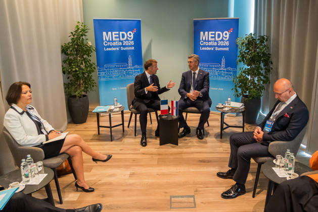 EU MED9 Bilateral meet Plenkovic - Macron Croatian Prime Minister Andrej Plenkovic meets French President Emmanuel Macron during bilateral meetings on the sidelines of the EU MED9 summit in Split, Croatia on October 7, 2027. ZvonimirxBarisin PIXSELL