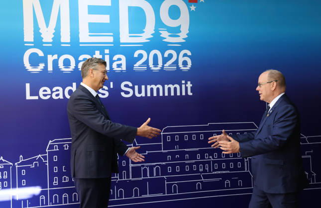 EU MED9 Prime Minister of Croatia Andrej Plenkovic welcomes Prince Albert II of Monaco for EU MED9 summit at Split, Croatia on October 7, 2026. IvoxCagalj PIXSELL