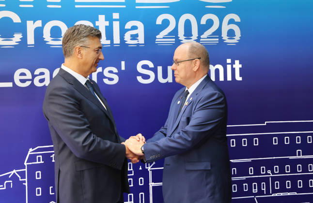 EU MED9 Prime Minister of Croatia Andrej Plenkovic welcomes Prince Albert II of Monaco for EU MED9 summit at Split, Croatia on October 7, 2026. IvoxCagalj PIXSELL