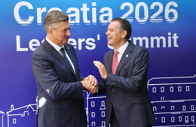 EU MED9 Prime Minister of Croatia Andrej Plenkovic welcomes Prime Minister of Potugal Luis Montenegro for EU MED9 summit at Split, Croatia on October 7, 2026. IvoxCagalj PIXSELL