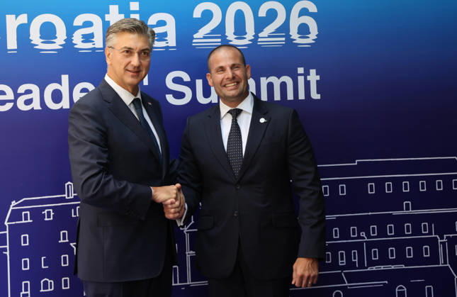 EU MED9 Prime Minister of Croatia Andrej Plenkovic welcomes Prime Minister of Malta Robert Abela for EU MED9 summit at Split, Croatia on October 7, 2026. IvoxCagalj PIXSELL