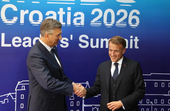 EU MED9 Prime Minister of Croatia Andrej Plenkovic welcomes President of France Emmanuel Macron for EU MED9 summit at Split, Croatia on October 7 , 2026. Photo IvoxCagalj PIXSELL
