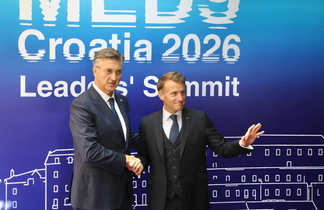 EU MED9 Prime Minister of Croatia Andrej Plenkovic welcomes President of France Emmanuel Macron for EU MED9 summit at Split, Croatia on October 7, 2026. Photo IvoxCagalj PIXSELL