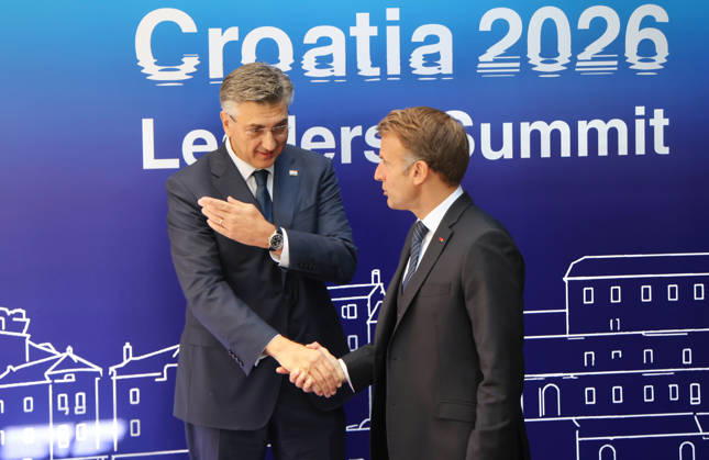 EU MED9 Prime Minister of Croatia Andrej Plenkovic welcomes President of France Emmanuel Macron for EU MED9 summit at Split, Croatia on October 7, 2026. Photo IvoxCagalj PIXSELL
