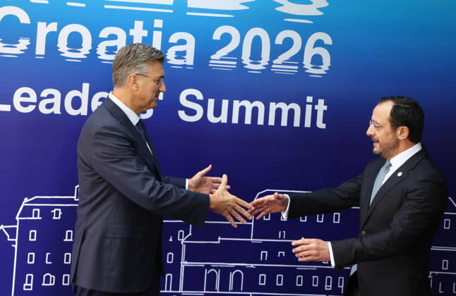 EU MED9 Prime Minister of Croatia Andrej Plenkovic welcomes President of Republic of Cyprus Nikos Christodoulides for EU MED9 summit at Split, Croatia on October 7, 2026. IvoxCagalj PIXSELL