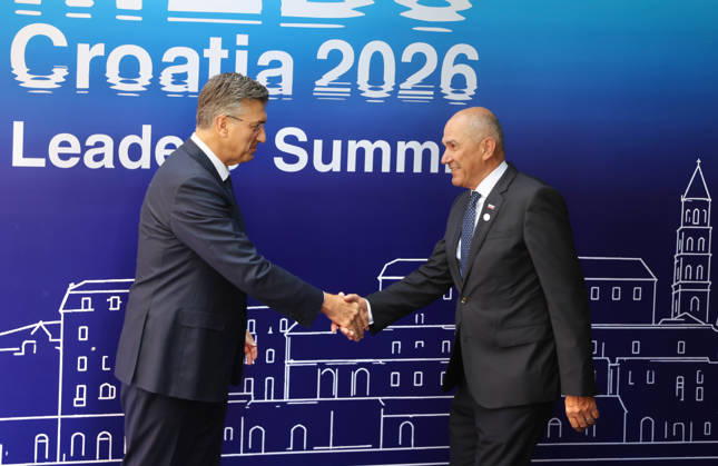 EU MED9 Prime Minister of Croatia Andrej Plenkovic welcomes Prime Minister of Slovenia Janez Jansa for EU MED9 summit at Split, Croatia on October 7, 2026. IvoxCagalj PIXSELL