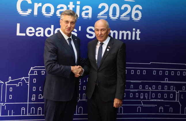 EU MED9 Prime Minister of Croatia Andrej Plenkovic welcomes Prime Minister of Slovenia Janez Jansa for EU MED9 summit at Split, Croatia on October 7, 2026. IvoxCagalj PIXSELL