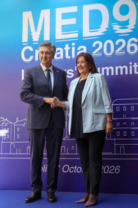 EU MED9 Prime Minister of Croatia Andrej Plenkovic welcomes European Commissioner for the Mediterranean Dubravka Suca for EU MED9 summit at Split, Croatia on October 7, 2026. IvanaxIvanovic PIXSELL