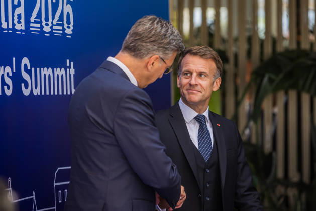 EU MED9 Prime Minister of Croatia Andrej Plenkovic welcomes President of France Emmanuel Macron for EU MED9 summit at Split, Croatia on October 7, 2026. ZvonimirxBarisin PIXSELL