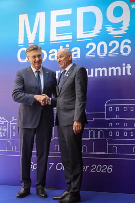 EU MED9 Prime Minister of Croatia Andrej Plenkovic welcomes Prime Minister of Slovenia Janez Jansa for EU MED9 summit at Split, Croatia on October 7, 2026. IvanaxIvanovic PIXSELL
