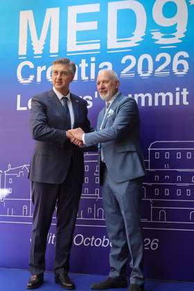 EU MED9 Prime Minister of Croatia Andrej Plenkovic welcomes Andro Krstulovic Opara for EU MED9 summit at Split, Croatia on October 7, 2026. IvanaxIvanovic PIXSELL