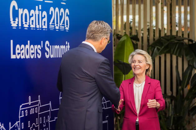 EU MED9 Prime Minister of Croatia Andrej Plenkovic welcomes President of the European Commission Ursula von der Leyen for EU MED9 summit at Split, Croatia on October 7, 2026. ZvonimirxBarisin PIXSELL