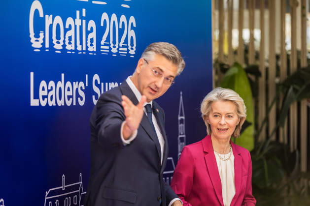 EU MED9 Prime Minister of Croatia Andrej Plenkovic welcomes President of the European Commission Ursula von der Leyen for EU MED9 summit at Split, Croatia on October 7, 2026. ZvonimirxBarisin PIXSELL