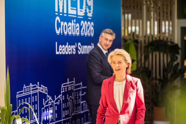 EU MED9 Prime Minister of Croatia Andrej Plenkovic welcomes President of the European Commission Ursula von der Leyen for EU MED9 summit at Split, Croatia on October 7, 2026. ZvonimirxBarisin PIXSELL
