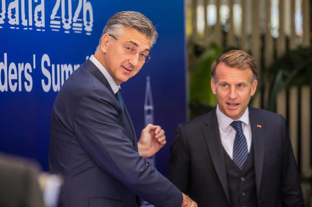 EU MED9 Prime Minister of Croatia Andrej Plenkovic welcomes President of France Emmanuel Macron for EU MED9 summit at Split, Croatia on October 7, 2026. ZvonimirxBarisin PIXSELL
