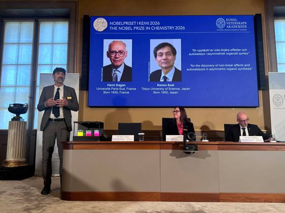 Kagan and Soai win the 2026 Nobel Prize in Chemistry STOCKHOLM, SWEDEN - OCTOBER 7: The winners of the 2026 Nobel Prize in Chemistry are announced during a press conference at the Royal Swedish Academy of Sciences in Stockholm, Sweden, on October 7, 2026. Henri B. Kagan and Kenso Soai are awarded the prize for the discovery of nonlinear effects and autocatalysis in asymmetric organic synthesis. Atila Altuntas Anadolu Stockholm Sweden. Editorial use only. Please get in touch for any other usage. Copyright: x2026xAnadoluxAtilaxAltuntasx