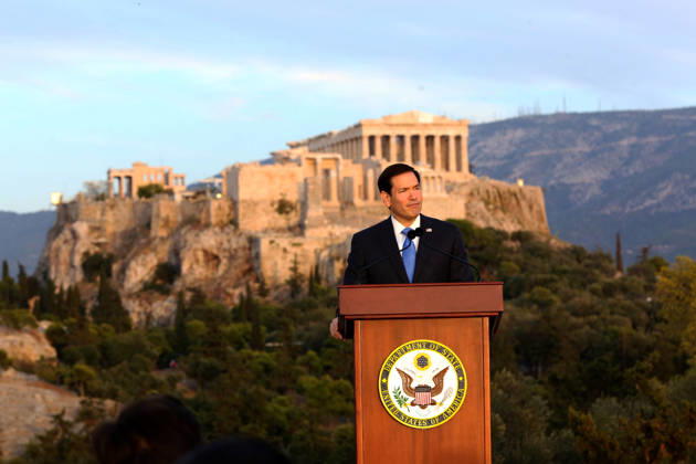 US Secretary of State visits Athens - US Secretary of State Marco Rubio delivers a speech on the Pnyx hill with the Acropolis in the background in Athens, Greece, 07 October 2026. Marco Rubio is visiting Athens for the launch of the 6th Greece-US Strategic Dialogue, focusing on defense, energy, and regional cooperation. ATHENS Greece Copyright: xOnexInchxProductionsx 7112530