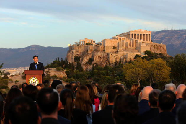US Secretary of State visits Athens - US Secretary of State Marco Rubio delivers a speech on the Pnyx hill with the Acropolis in the background in Athens, Greece, 07 October 2026. Marco Rubio is visiting Athens for the launch of the 6th Greece-US Strategic Dialogue, focusing on defense, energy, and regional cooperation. ATHENS Greece Copyright: xOnexInchxProductionsx 7112532