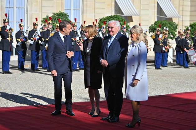 French president hosts German president, Elysee Palace, Paris, France French president Emmanuel Macron and his wife Mme Brigitte Macron host German President Mr Frank Walter Steinmeier and wife Mme Elke Budenbender at the Elysee Palace on October 08, 2026. Paris Elysee Palace Ile de France France