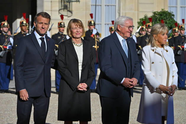 French president hosts German president, Elysee Palace, Paris, France French president Emmanuel Macron and his wife Mme Brigitte Macron host German President Mr Frank Walter Steinmeier and wife Mme Elke Budenbender at the Elysee Palace on October 08, 2026. Paris Elysee Palace Ile de France France