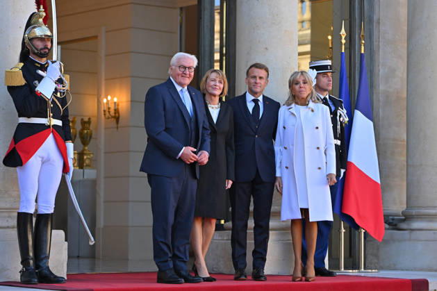 French president hosts German president, Elysee Palace, Paris, France French president Emmanuel Macron and his wife Mme Brigitte Macron host German President Mr Frank Walter Steinmeier and wife Mme Elke Budenbender at the Elysee Palace on October 08, 2026. Paris Elysee Palace Ile de France France