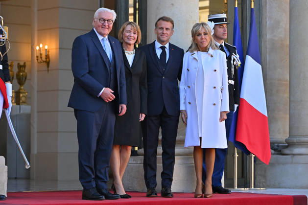 French president hosts German president, Elysee Palace, Paris, France French president Emmanuel Macron and his wife Mme Brigitte Macron host German President Mr Frank Walter Steinmeier and wife Mme Elke Budenbender at the Elysee Palace on October 08, 2026. Paris Elysee Palace Ile de France France