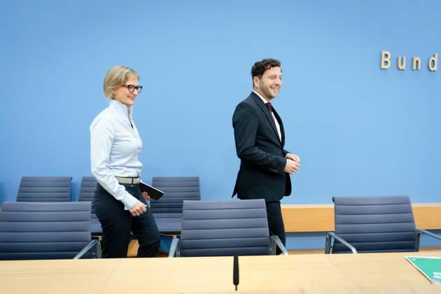 BPK, Bündnis90 Die Grünen, Franziska Brantner, Felix Banaszak Berlin, BPK, Vorstellung des Leitantrages Unser Plan für Deutschland , Franziska Brantner, Bundesvorsitzende, Felix Banaszak, Bundesvorsitzender, Bündnis90 Die Grünen Berlin Berlin GER