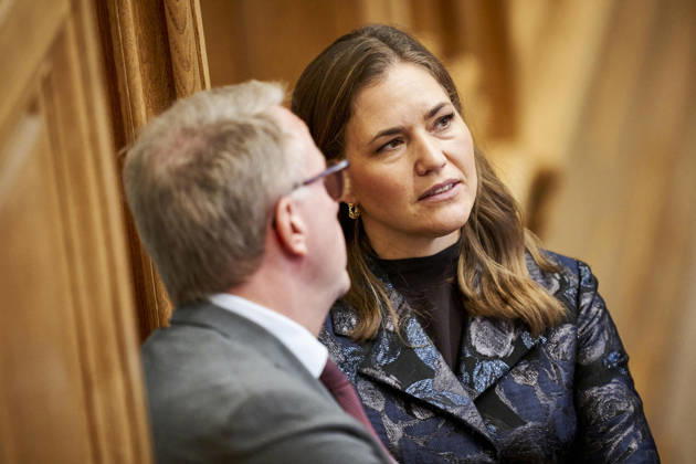 Opening debate in the Danish Parliament Morten Boedskov, The Social Democratic Party and Marie Bjerre, The Liberal Party during the opening debate in the Folketing Hall at Christiansborg on Thursday, October 8, 2026. (Photo: Thomas Traasdahl Ritzau Scanpix) , Copenhagen Denmark Copyright: RitzauxScanpix ThomasxTraasdahlx spdk20261008-112321-L