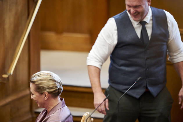 Opening debate in the Danish Parliament Lars Boje Mathiesen, Citizin s Party and Prime Minister Mette Frederiksen, The Social Democratic Party chatting during the opening debate of the Danish Parliament in the Parliament Hall at Christiansborg on Thursday, October 8, 2026. , Copenhagen Denmark Copyright: RitzauxScanpix ThomasxTraasdahlx spdk20261008-113236-L