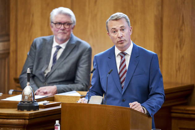 Opening debate in the Danish Parliament Morten Messerschmidt, chairman of the Danish People s Party at the podium during the opening debate of the Parliament in the Parliament Hall at Christiansborg on Thursday, October 8, 2026. , Copenhagen Denmark Copyright: RitzauxScanpix ThomasxTraasdahlx spdk20261008-130803-L