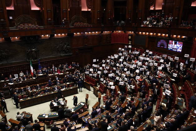 October 8, 2026, Rome, Rome, Italy: Opposition signs read This is a fraudulent law during the secret ballot vote on the new electoral law in the Chamber of Deputies, Rome, October 8, 2026. Rome Italy  - ZUMAa289 20261008_zia_a289_007 Copyright: xFrancescoxFotiax xAgfx