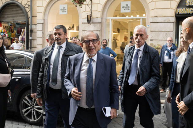 IPA89429541 - Senate President Ignazio La Russa upon his arrival at the Teatro Sistina for the celebrations marking the 150th anniversary of the *Corriere della Sera*, in Rome, Italy, on October 8, 2026. Flavio Brancaleone Fotogramma Copyright: xFLAVIO_BRANCALONEx xx IPA89429541