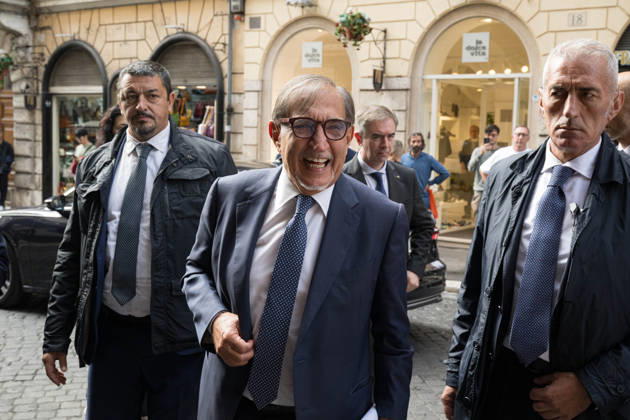 IPA89429547 - Senate President Ignazio La Russa upon his arrival at the Teatro Sistina for the celebrations marking the 150th anniversary of the *Corriere della Sera*, in Rome, Italy, on October 8, 2026. Flavio Brancaleone Fotogramma Copyright: xFLAVIO_BRANCALONEx xx IPA89429547