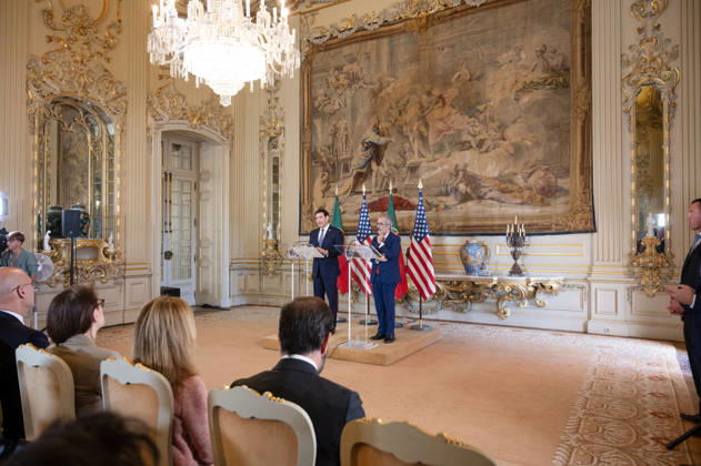 October 8, 2026, Lisbon, Lisbon, Portugal: U.S. Secretary of State MARCO RUBIO speaks at a lectern during a joint press conference with Portuguese Minister of State and Foreign Affairs PAULO RANGEL at Palacio das Necessidades in Lisbon, Portugal, on October 8, 2026. The media appearance follows their bilateral meeting during RUBIO s visit to advance defense, economic and technology cooperation. Lisbon Portugal - ZUMAr238 20261008_zip_r238_002 Copyright: xRicardoxRochax