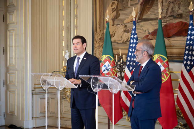 October 8, 2026, Lisbon, Lisbon, Portugal: U.S. Secretary of State MARCO RUBIO speaks at a lectern during a joint press conference with Portuguese Minister of State and Foreign Affairs PAULO RANGEL at Palacio das Necessidades in Lisbon, Portugal, on October 8, 2026. The media appearance follows their bilateral meeting during RUBIO s visit to advance defense, economic and technology cooperation. Lisbon Portugal - ZUMAr238 20261008_zip_r238_012 Copyright: xRicardoxRochax