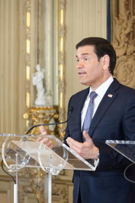 October 8, 2026, Lisbon, Lisbon, Portugal: U.S. Secretary of State MARCO RUBIO speaks and gestures at a lectern during a joint press conference with Portuguese Foreign Minister PAULO RANGEL at Palacio das Necessidades in Lisbon, Portugal, on October 8, 2026. The media appearance follows their bilateral meeting during RUBIO s visit to advance defense, economic and technology cooperation. Lisbon Portugal - ZUMAr238 20261008_zip_r238_013 Copyright: xRicardoxRochax