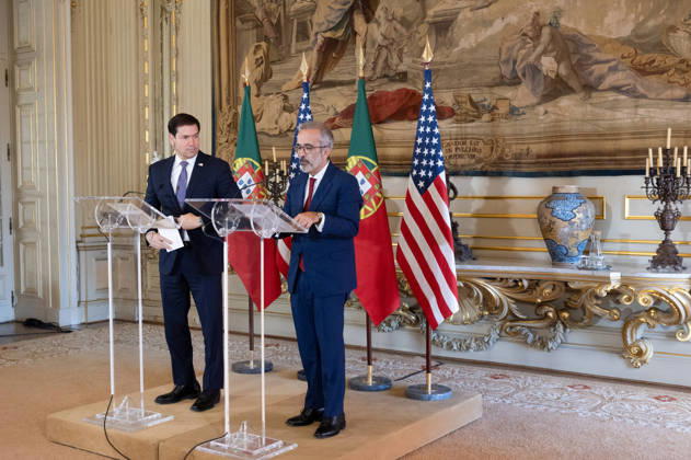 October 8, 2026, Lisbon, Lisbon, Portugal: Portugal s Minister of State and Foreign Affairs PAULO RANGEL, right, speaks at a lectern as U.S. Secretary of State MARCO RUBIO listens during their joint press conference at Palacio das Necessidades in Lisbon, Portugal, on October 8, 2026. The media appearance follows their bilateral meeting during RUBIO s visit to advance defense, economic and technology cooperation. Lisbon Portugal - ZUMAr238 20261008_zip_r238_020 Copyright: xRicardoxRochax