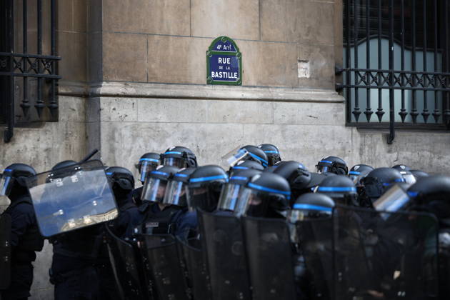 Student Protest - Paris Police forces during a demonstration at Place de la Bastille, in Paris, France on October 8, 2026, as part of a nationwide protest movement over learning conditions. Since late September, pupils have barred the entrances to hundreds of schools, complaining of teacher absences, overloaded timetables, dilapidated classrooms and buildings ill-adapted to rising temperatures, among other grievances. Photo by Raphael Lafargue ABACAPRESS.COM Paris France Copyright: xLafarguexRaphael ABACAx
