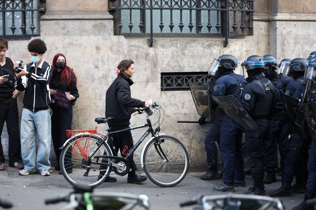 RECORD DATE NOT STATED Student Protest - Paris Police forces during a demonstration at Place de la Bastille, in Paris, France on October 8, 2026, as part of a nationwide protest movement over learning conditions. Since late September, pupils have barred the entrances to hundreds of schools, complaining of teacher absences, overloaded timetables, dilapidated classrooms and buildings ill-adapted to rising temperatures, among other grievances. Photo by Raphael Lafargue ABACAPRESS.COM Paris France Copyright: xLafarguexRaphael ABACAx
