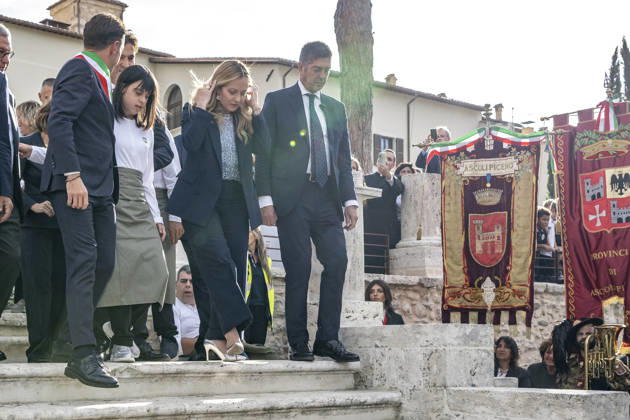IPA89434820 - ASCOLI PICENO, ITALY OCTOBER 8, 2026: Prime Minister Giorgia Meloni attends the presentation and inauguration ceremony for the Palazzo Saladini Pilastri complex and its monumental park in Ascoli Piceno. The restoration project is part of the PINQuA program for urban regeneration and the enhancement of the city™s historical heritage. (Photo: Andrea Vagnoni IPA Agency) Copyright: xAndreaxVagnonix xx IPA89434820