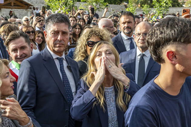 IPA89434856 - ASCOLI PICENO, ITALY OCTOBER 8, 2026: Prime Minister Giorgia Meloni attends the presentation and inauguration ceremony for the Palazzo Saladini Pilastri complex and its monumental park in Ascoli Piceno. The restoration project is part of the PINQuA program for urban regeneration and the enhancement of the city™s historical heritage. (Photo: Andrea Vagnoni IPA Agency) Copyright: xAndreaxVagnonix xx IPA89434856